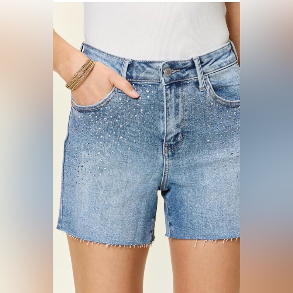 Judy Blue Light Blue High Rise Rhinestone Denim Shorts - Picture 3 of 9